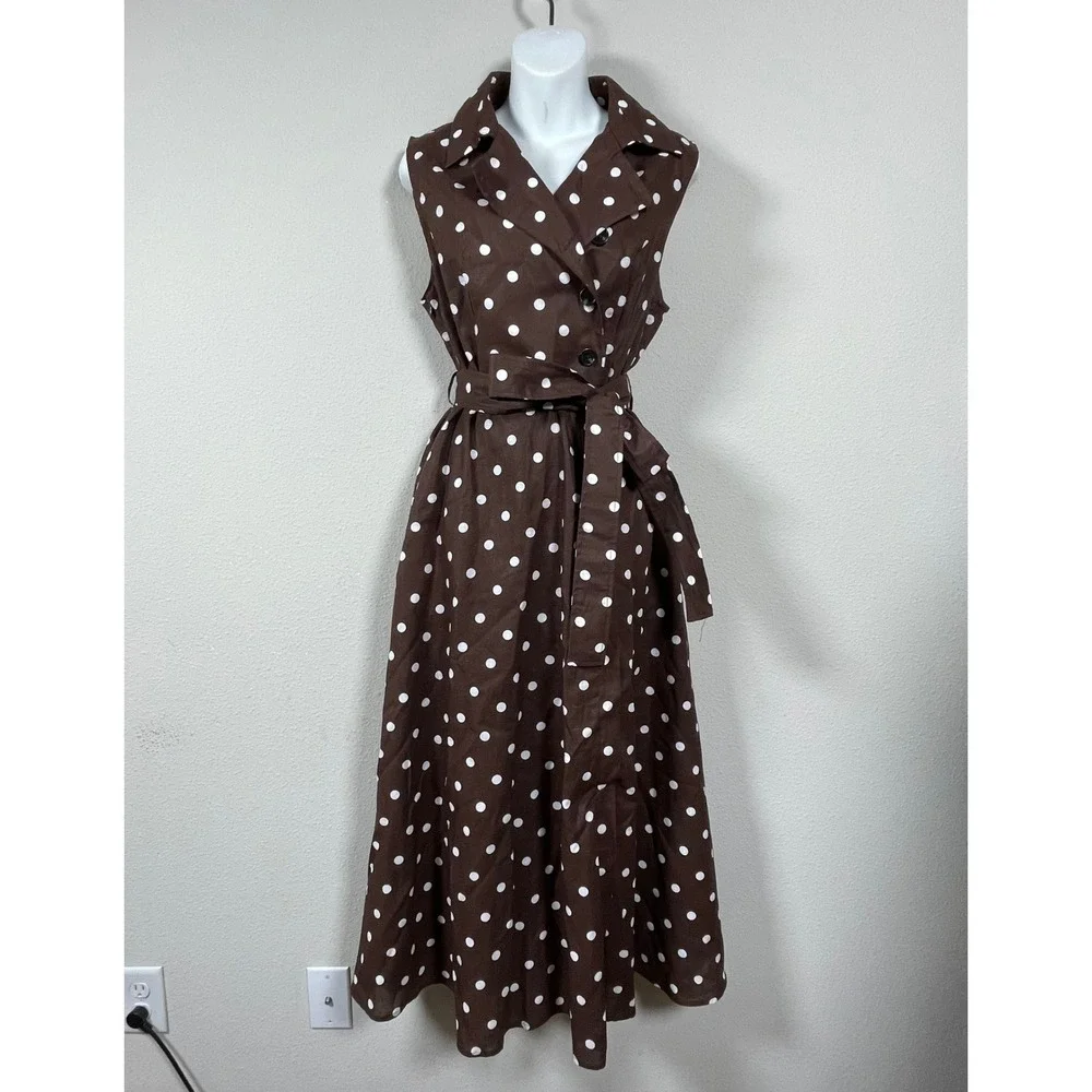 Linen Vibes Polka Dot Midi Dress Women M Brown Rockabilly Feminine Sleeveless - Picture 1 of 11